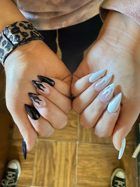 White And Black Flame Nails, Black And White Flame Nails, White Flame Nails, Black Flame Nails, Cute Trendy Nails, White And Black Nails, Yin Yang Nails, White Almond Nails, Flame Nails