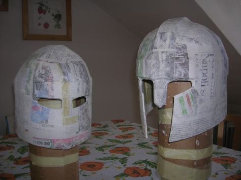 Making Paper Mache Helmets and Swords Paper Mache Projects, Paper Mache Mask, Making Paper Mache, Medieval Party, Knight Costume, Knights Helmet, Costume Tutorial, Paper Mache Sculpture, Paper Mache Art