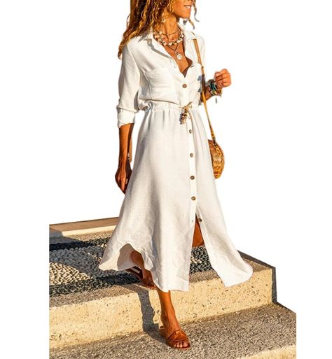 PRICES MAY VARY. Relaxed Fit: XS=US (0-2), S=US (4-6), M=US (8-10), L=US (12-14), XL=US (16-18)，XXL(20-22) Breathable Material: This long shirt dress is made from high-quality spandex, has exceptional elasticity and breathabl. It is lightweight, soft, and comfortable, making it perfect for the summer heat. Trendy Details: Features a button front closure, v-neck, middle sleeves, Irregular hem, adjustable tie for custom fit, and perfect calf-length. Casual Style: This dress exudes a boho vibe, mak Maxi Dress With Mules, Italy Inspired Outfits Summer, Amalfi Coast Dress, Outfits For Short Pear Shaped Women, Fall Dresses 2024, Mom Dress Casual, Over 60 Fashion Summer, Resort Casual Attire Women, Dresses For Petite Women