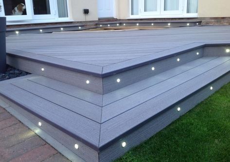 How Far Apart Should Decking Lights Be? Concrete Patios, Patio Deck Designs, Back Garden Design, Deck Designs Backyard, Patio Garden Design, Modern Garden Design, Decks Backyard, Diy Deck, Outdoor Gardens Design