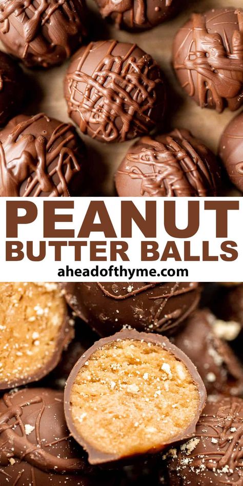 Soft, sweet, and creamy, these Peanut Butter Balls are perfect as bite-sized treats for the holidays or any day you need a little pick-me-up. These no bake treats are made with just a handful of ingredients that are shaped into small balls and coated with a layer of rich chocolate that adds a luscious finish and takes them over the top. Peanut butter truffles have a light and creamy texture. | aheadofthyme.com #peanutbutterballs #peanutbuttertruffles via @aheadofthyme Nut Butter Balls, Almond Butter Truffles, Peanut Butter Truffles No Bake, No Bake Peanut Butter Balls, Peanut Butter Balls Recipe, Peanut Butter Truffles, Thyme Recipes, No Bake Peanut Butter, Christmas Delights