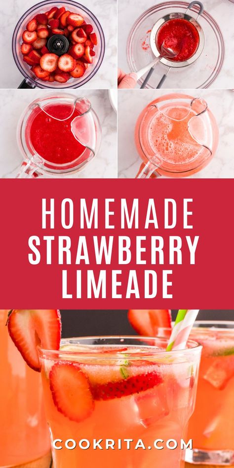 Refreshingly sweet and tangy, this Strawberry Limeade recipe combines fresh strawberries and lime juice for a delightful summer drink. Perfect for picnics, parties, or a cool treat at home, this easy recipe is sure to quench your thirst! Strawberry Limeade Recipe, Strawberry Juice Recipe, Strawberry Mocktail Recipe, Limeade Drinks, Frozen Pina Colada, Strawberry Limeade, Limeade Recipe, Frosted Lemonade, Chicken Skewer Recipe