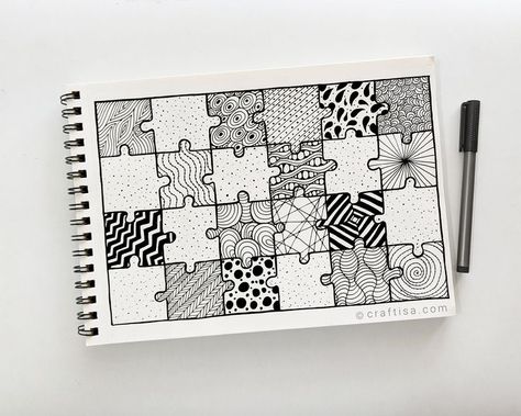 Doodle Zentangle Patterns, Puzzle Art Design, Pen Art Doodle, Mandala Practice, Puzzle Piece Template, Pattern Practice, Puzzle Drawing, Easy Zentangle, Puzzle Pattern