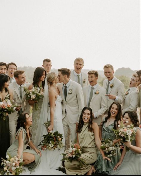 Suits For Green Wedding, Beige Tux With Sage Green, Tan Suit Groomsmen Green Bridesmaid, Beige And Sage Groomsmen Suits, Sage Green Bridesmaid Dresses With Tan Suits, Sage Color Bridesmaid Dresses, Olive Green Wedding Entourage, Tan Suite Sage Tie, Tan Suits With Sage Green