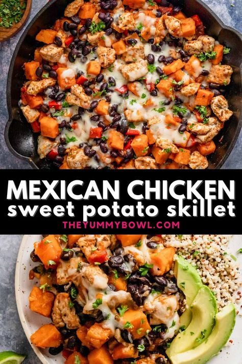 Chicken Chili With Sweet Potatoes, Chicken Bowl With Sweet Potato, Easy Chicken And Sweet Potato Dinner, One Pan Sweet Potato Chicken, One Pot Sweet Potato Recipes, Sweet Potato Skillet Meal, Sweet Potato And Steak Recipes, Roasted Sweet Potato Dinner, Easy Dinner Recipes Sweet Potato