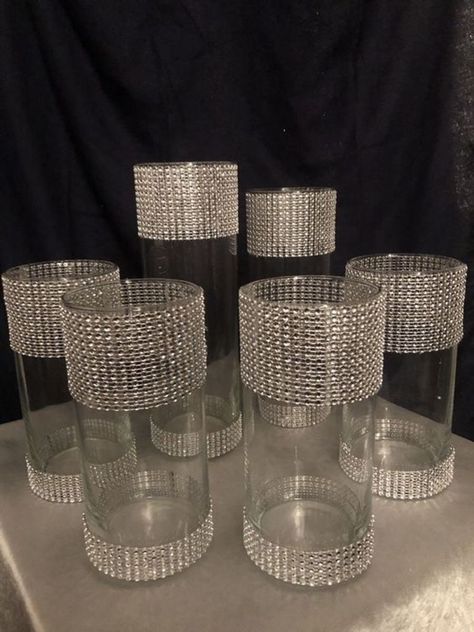 Dollar Store Wedding Ideas, Wedding Centerpieces Cylinder Vases, Dollar Store Wedding, Diamonds And Denim Party, Bling Centerpiece, Dollar Tree Candle Holders, Anniversary Centerpieces, Euphoria Party, Engagement Party Decor