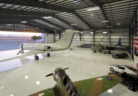 Clean personal hangar Airplane Hangar Man Cave, Airplane Hanger House, Plane Hanger, Spaceship Hangar, Private Jet Hangar, Aircraft Hangar Home, Airplane Hanger, Hangar Design, Personal Jet