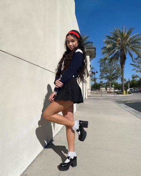 BRIANNA GOMEZ ❁ on Instagram: “ready 4 school!!!” platform mary jane shoes from dolls kill pleated brandy melville skirt argyle sweater headband frilly lace socks #vintageoutfits #fashion #brandymelville #outfitideas #dollskill #pleatedskirt #skirtoutfit #outfits #trendy Platform Mary Janes Outfit, Outfits With Mary Janes, Mary Jane Outfit, Mary Janes Outfit, Mary Jane Shoes Outfit, Fashion 40s, Estilo Madison Beer, Fashion Haul, 90s Fashion Women