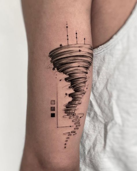 Tornado Tattoo Design, Weather Tattoo Sleeve, Into The Storm Tattoo, Tornado Tattoo Minimalist, Tornado Tattoo Ideas, Whirlwind Tattoo, Whirlpool Tattoo, Meteorology Tattoo, Weather Tattoo Ideas