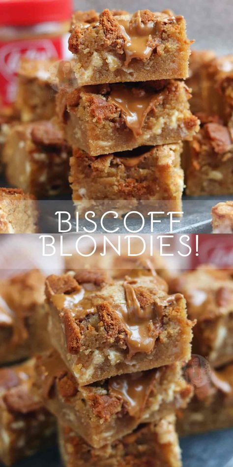 Biscoff Blondies! - Jane's Patisserie Brownie Blondies Recipe, Biscoff Millionaires Shortbread, Delish Recipes Desserts, Bar Cookies 9x13 Easy, Flavored Blondies, Interesting Baking Recipes, Cookie Butter Recipes Desserts, Biscoff Butter Recipes, Easy Blondies Recipe