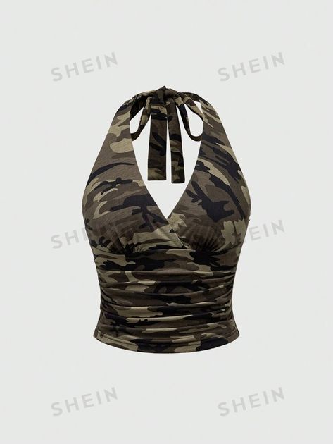 ROMWE Grunge Punk Y2K Camouflage Print Halter Neck Top For Women, School | SHEIN USA Letter Pattern Design, Christmas Nail Stickers, Top Street Style, Boho Fashion Summer, Mens Travel Bag, Plus Size Tank Tops, Street Style Summer, Camouflage Print, Grunge Punk