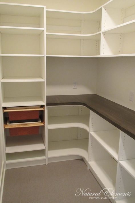 Pantry With Countertop, Melamine Shelving, Shelving Pantry, Master Closets, Laundry Pantry, Mudroom Closet, Painted Trim, Corner Pantry, Laminate Counter