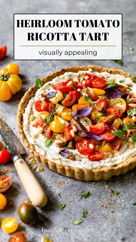 Heirloom Tomato Ricotta Tart on a table. Tart Recipes Savory, Ricotta Tart, Tart Crust, Favorite Casseroles, Family Dishes, Tart Filling, Oregano Leaves, Tomato Season, Tomato Tart