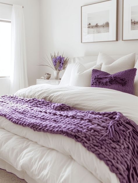 37 Purple and White Bedroom Ideas (With Pictures!) Purple White Bedroom Ideas, White And Lavender Room Aesthetic, White Room With Purple Accents, Purple And White Dorm Room Ideas, Lavender And Blue Bedroom, Modern Purple Bedroom Ideas, Purple And Cream Bedroom, Lilac Bedroom Ideas For Women, Purple And White Room Ideas