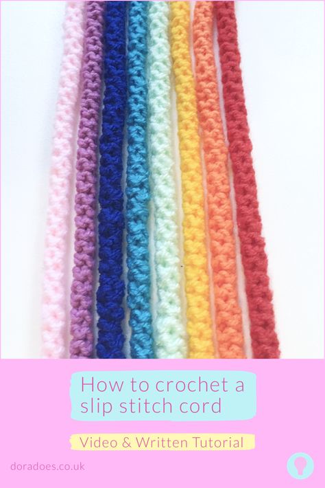 Learn how to crochet quick slip stitch cords with this free 5 minute tutorial. The result is these rope style cords which can be used for drawstrings, tie backs, handles, home decor or any other embellishments. #crochet #cord #crochetrope #crochettutorial #freecrochet Crochet An Icord, Twisted Cord How To Make, Crochet Cord Bracelet Free Pattern, Crochet Cord Pattern Free, Crochet Tie Backs, I Cord Necklace, Crochet Cords Tutorial, Crochet Rope Pattern, Crocheted Lanyards Patterns