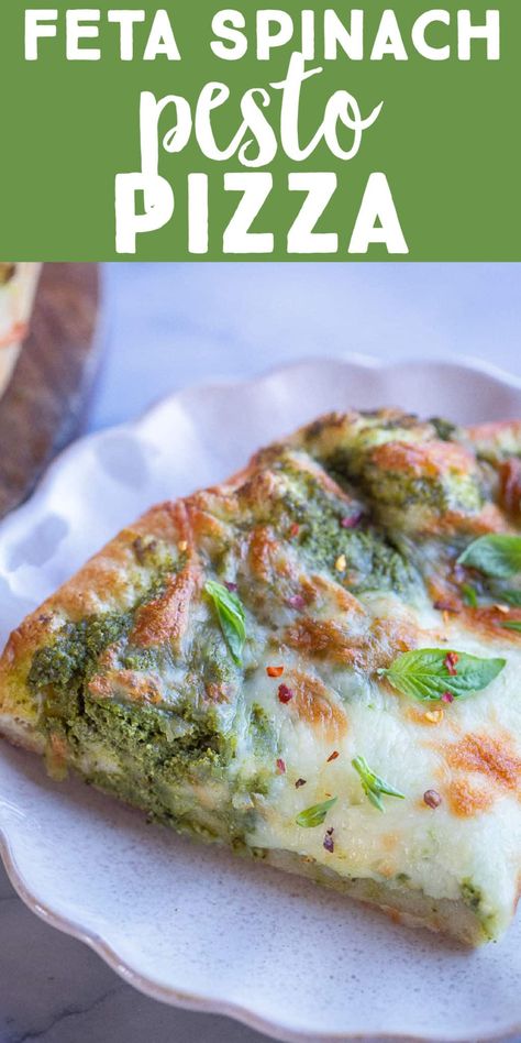 If you love pizza, but you're sick of marinara sauce, you've got to try The Best Pesto Pizza recipe out there!  This flavorful pizza is made with my favorite spinach feta basil pesto sauce, which makes the sauce super creamy and nutritious.   This pizza is bursting with fresh spring flavors and is perfect for your next pizza night! #pestopizza #pizzanight #vegetarianrecipe #spinachfetapizza Best Pesto, Feta Pizza, Spring Flavors, Pesto Pizza Recipe, Basil Pesto Sauce, Vegetarian Ideas, Vegan Feta Cheese, Vegetarian Meal Plan, Pesto Pizza