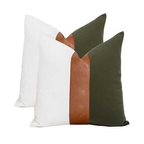 PRICES MAY VARY. Faux Leather + Cotton STURDY MATERIAL- Double-sided design. Both sides are made of breathable cotton and high quality vegan faux leather accent, comfortable and super great touch. Packaged included pack of 2 accent throw pillow covers 18x18 Inch / 45x45 cm. Covers ONLY , NOT include insert. CHIC DESIGN - The combination of olive green and white makes the pillowcase stylish and elegant. Faux leather stripe stitching adds an element of class. This farmhosue pillow covers combines Green And Wood Bedroom Decor, Cream Couch Green Pillows, Brown Couch Green Pillows, Green Accent Pillows Living Room, Green And Leather Bedroom, Throw Pillow Combinations Couch Color Schemes, What Color Goes With Olive Green, Gray Couch Green Pillows, Olive Green Accents Living Rooms