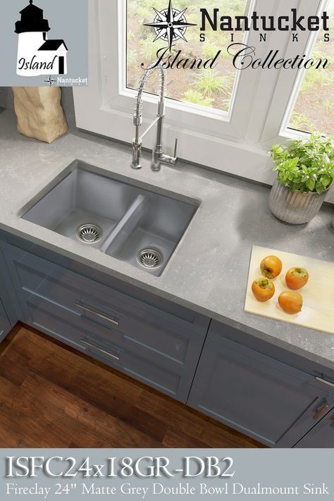 Topmount. Undermount. Double Bowl design. Matte Grey Glaze. Fireclay Made in Europe. 2 Drains included 23.5" x 18". #Fireclay #MatteGrey #Small Kitchen #NantucketSinks Double Undermount Sink Kitchen, Sink With Accessories, Granite Composite Kitchen Sink, Kitchen Shapes, Fitted Cabinets, Granite Composite Sinks, Double Kitchen Sink, Composite Sink, Double Bowl Kitchen Sink