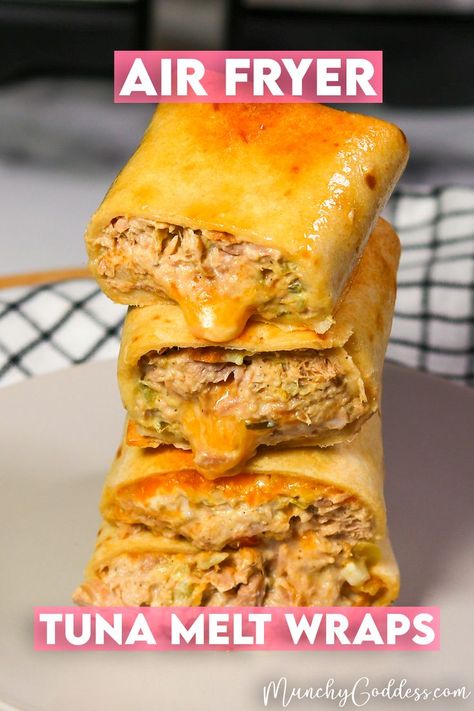 Four air fryer tuna melt wraps stacked on top of each other exposing the inside tuna salad mixture and melted cheese. Tuna Wrap Ideas, Air Fryer Casserole, East Air Fryer Recipes, Air Fryer Tuna Melt, Tuna Wraps Recipes, Air Fryer Tuna, Tuna Wraps, Tuna Melt Recipe, Tuna Melt