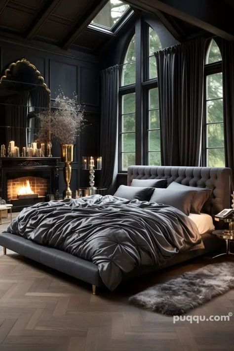 Moody Mens Bedroom, Dark Theme Bedroom, Dark Bedroom Aesthetic, Bachelor Bedroom, Dark Bedrooms, Dark Industrial, Dramatic Bedroom, Academia Decor, Moody Bedroom