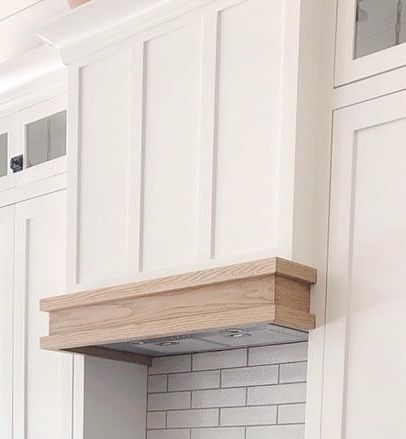 Kitchen Hood Ideas Diy, Flat Range Hood, Kitchen Hood Wood Trim, Rangehood Cabinet, Craftsman Style Range Hood, Farmhouse Style Range Hood, Kitchen Hood Vent Cover, Board And Batten Range Hood, Range With Hood