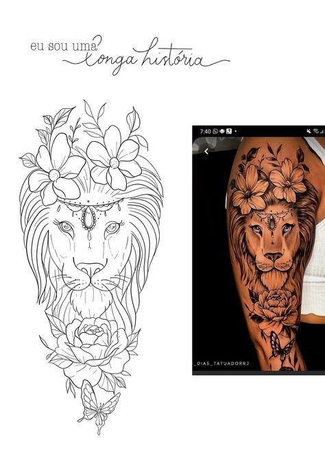 Lion Tattoo With Flowers, Ladies Tattoo, Lion Art Tattoo, Tattoo Sleeve Filler, Lion Tattoos, Belly Tattoos, Lion Cat, Tattoo Stencil Outline, Tattoo Design Book