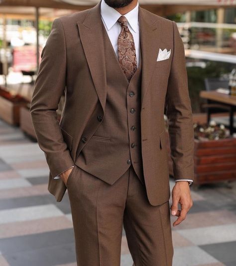 Three Pieces Suits Men, Three Piece Suit For Groom, Brown Three Piece Suit Men, Brown Suit Men Wedding, Brown Three Piece Suit, Three Piece Suit For Men, Three Piece Suit Mens, Brown Groomsmen, Engagement Suits