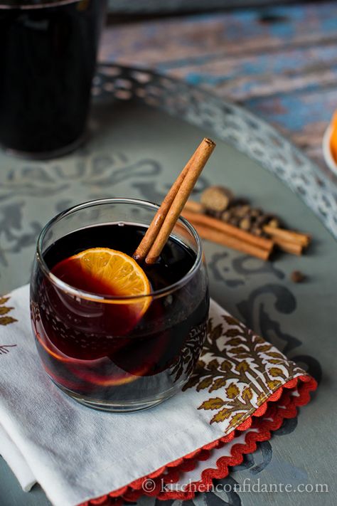 Mulled Wine (a few changes from the recipe): Bottle of red, 2 cups cider, 2 TBSP brown sugar, sliced oranges studded w/cloves, 3 cinnamon sticks, Dash of Pumpkin pie spice. Simmer in crock pot, DO NOT BOIL. Glogg Recipe, Mulled Wine Recipe, Warm Wine, Spiced Wine, Wine Kitchen, Fall Cocktails, Mulled Wine, Wine Recipes, Cocktail Recipes