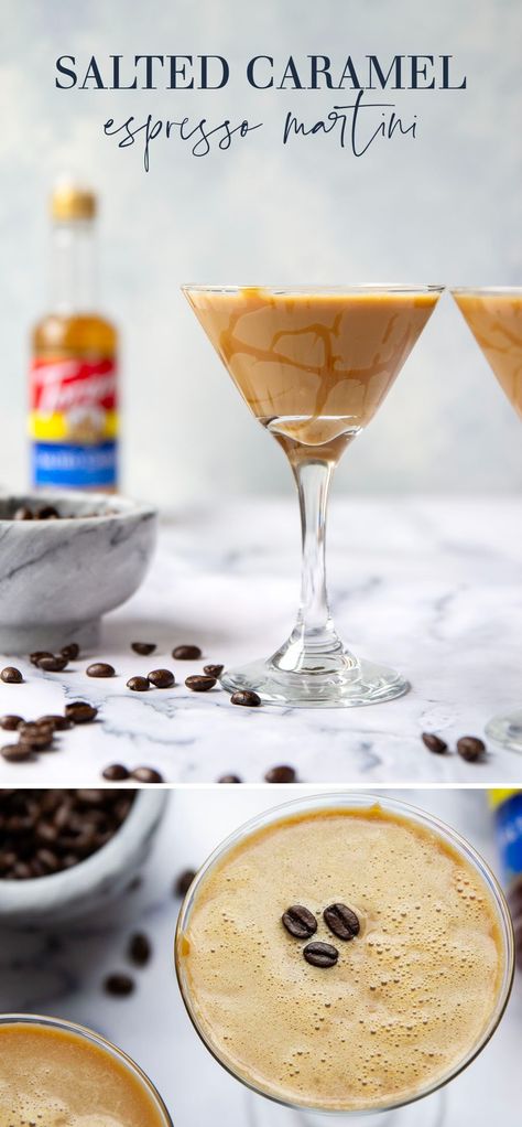 Made with only a handful of ingredients in five minutes, this festive salted caramel espresso martini is the perfect cocktail for any coffee-lover! Different Espresso Martini, Salted Caramel Martini Recipes, Festive Espresso Martini, Espresso Martini Bar Set Up, Espresso Martini Flavors, Coconut Espresso Martini, Espresso Martini Flight, Caramel Espresso Martini, Espresso Martini With Kahlua