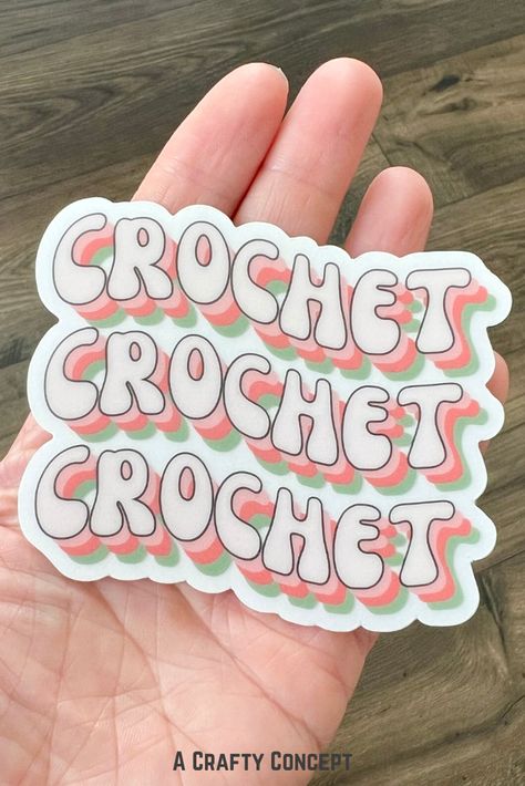 Looking for the perfect vinyl sticker to show your love of crochet? How about this fun Crochet Crochet Crochet Sticker?This crochet vinyl sticker features the word "crochet" 3 times in a funky retro font that's in the shape of a wave. The colors include Light Pink, Medium Pink, Terracotta, and Sage Green.All crochet stickers are made from thick, durable vinyl that protects your sticker sheets from scratching, rain & sunlight. Crochet Branding, Crochet Vinyl, Crochet Words, Crochet Stickers, Crocheting Gifts, Pink Terracotta, Friends Crochet, Retro Crochet, Diy Crafts Crochet