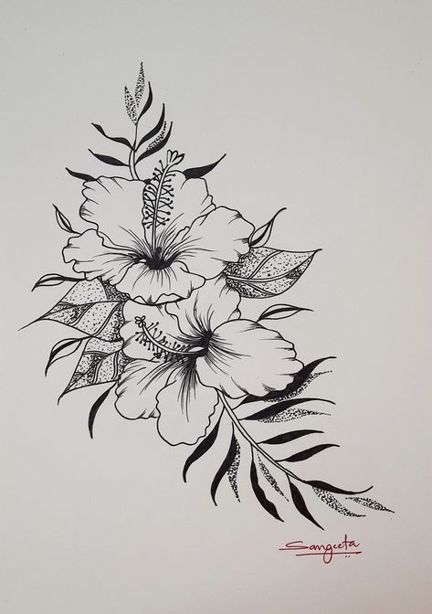 Hibiscus drawing, flower drawing Hawaiian State Flower Tattoo, Hawaiian Lei Flowers Tattoo, Pua Flower Tattoo, Hawaiian Floral Tattoo Design, Hibiscus Plant Drawing, Unique Hibiscus Tattoo, Two Hibiscus Flowers Tattoo, Flower Hibiscus Tattoo, Hibiscus Branch Tattoo