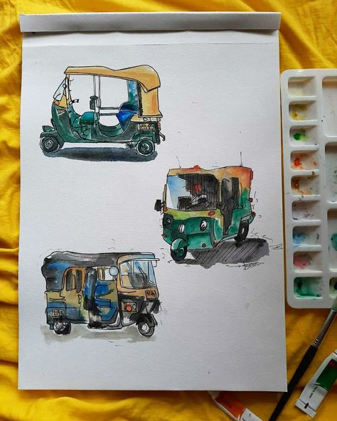 Auto Rickshaw Painting, Auto Rickshaw Drawing, Bengali Whisper, Indian Auto Rickshaw, Rickshaw Painting, Egg Watercolor, Auto Rickshaw, Pakistani Art, Golden Retriever Art