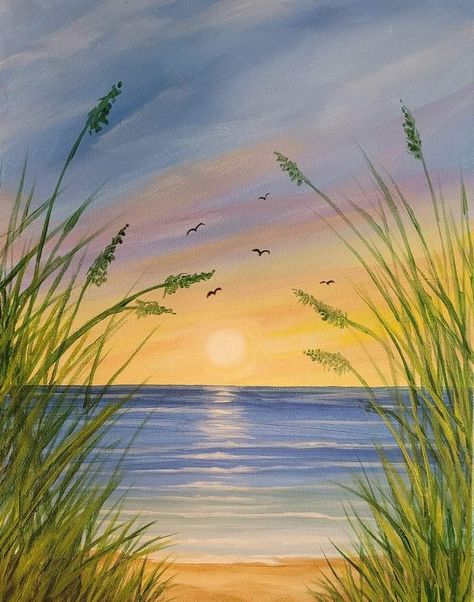 Beach Scene Painting, Beach Art Painting, Scenery Paintings, Watercolor Sunset, Summer Painting, Canvas Painting Designs, Landscape Art Painting, 수채화 그림, Small Canvas Art