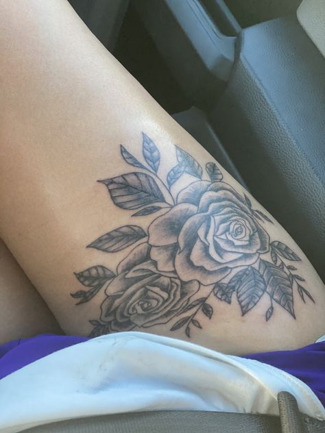 Rose Bush Tattoo Thigh, Thigh Tattoos Women Roses, Flower Hip Tattoo Thigh Piece, Front Thigh Tattoos Women Black, Thigh Rose Tattoo, Big Thigh Tattoos For Women, Rose Tattoo On Thigh, Cute Thigh Tattoos Women, Front Thigh Tattoos Women