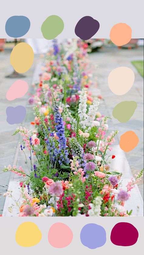 Wildflower Colorful Wedding, Multi Color Spring Wedding, Fun Wedding Palette, Backyard Colorful Wedding, Garden Party Colour Palette, Midsommar Color Palette, Summer Wild Flower Wedding, Wedding Color Palette Wildflower, Multi Color Flower Wedding