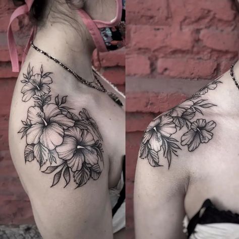 20 Best Hibiscus Tattoo Designs to Inspire You Tropical Flower Shoulder Tattoos For Women, Hibiscus Sunflower Tattoo, Hibiscus Shoulder Tattoos For Women, Tropical Flower Tattoo Sleeve, Feminine Flower Tattoos, Hibiscus And Plumeria Tattoo, Tropical Tattoos For Women, Hibiscus Tattoo Design, Ocean Flower Tattoo