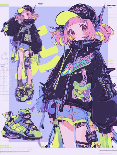 Streetwear Character Art, Cyberpunk Neon Outfit, Cyberpunk Oc Art Female, Vaporwave Character, Neon Character Design, Cyberpunk Outfit Ideas, Cyberpunk Outfit Design, Pastel Cyberpunk, Vaporwave Aesthetic Outfits