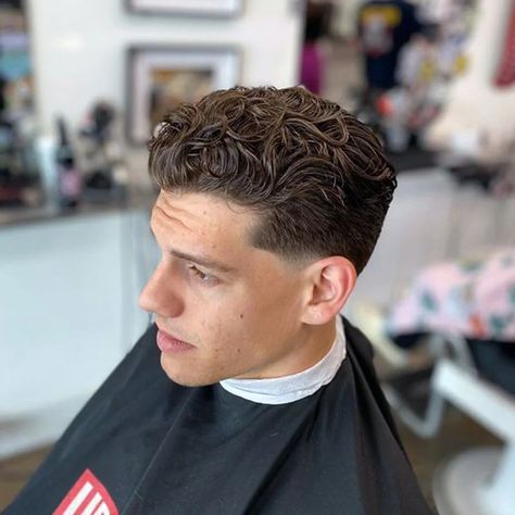 Curly Hair Guys Haircuts, Mens Slick Back Hairstyles Medium, Tapered Curly Hair, Men’s Perm, Taper Fade Haircut Curly Hair, Classic Haircut Men, Curly Hair Slick Back, Throwback Hairstyles, Style For Curly Hair