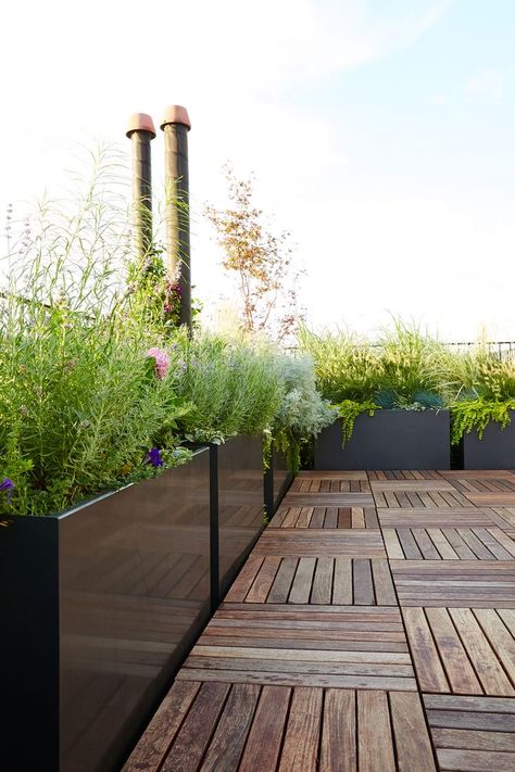 Rooftop Planters, Indoor Garden Apartment, Roof Terrace Design, Terraced Landscaping, Roof Garden Design, Rooftop Terrace Design, Rooftop Design, Rooftop Patio, Small Balcony Decor