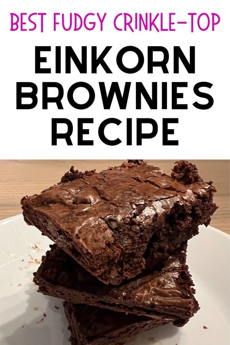 Learn how to make the best chocolate crinkle top brownies using einkorn flour and other simple ingredients. These are amazingly fudgy with a beautiful shiny, crinkly top to create the perfectly chewy, melt-in-your-mouth texture with a slight crunch. Because they're made with an ancient grain, these fresh milled flour einkorn brownies are healthier than boxed brownie mixes and other homemade alternatives! This healthy recipe explains how to get that coveted crinkle top every time. Einkorn Brownies, Crinkle Top Brownies, Homemade Alternatives, Fresh Milled Flour, Einkorn Recipes, Chocolate Crinkle, Einkorn Flour, Brownie Toppings, Crinkle Top