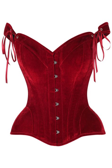 Fullbust corset made of premium velvet fabric Front Busk Closure Sweetheart Neckline Adjustable Straps 6" Modesty Panel Spiral Steel Bones throughout body of corset Flat steel bones at front and back Ribbon lace-up back for cinching Waist Tape Hand Wash Red Corset Aesthetic, Red Lace Top Outfit, Red Corset Costume, Dark Red Clothes, Dark Red Corset, Corset Png, Maroon Corset, Red Corset Outfit, Heart Corset