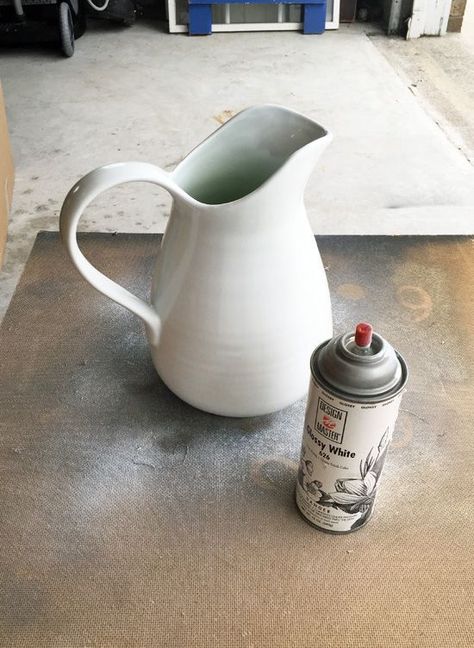 How To Paint Ceramic Vase, Spray Paint Ceramic, Spray Painting Wood Furniture, Farmhouse Pitchers, Spray Paint Furniture, Silver Spray Paint, Spray Paint Colors, Paint Ceramic, Painting Wood Furniture