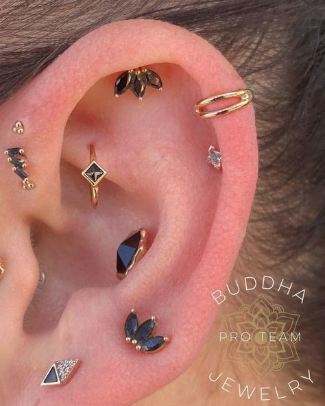 Our 14kt solid gold seamless rings are perfect for nostrils and ear piercings! Details This style is a 18 Gauge 5/16" Gemstone: (1) 2mm reserve set Black Spinel Available in solid Yellow, White and Rose gold Piercing photo by @agapebodypiercings Black And Gold Piercings, Black Ear Curation, Rose Gold Piercing, Curated Ear Piercing, Industrial Piercing Jewelry, Ear Piercings Chart, Curated Ear, Cool Ear Piercings, Pretty Ear Piercings