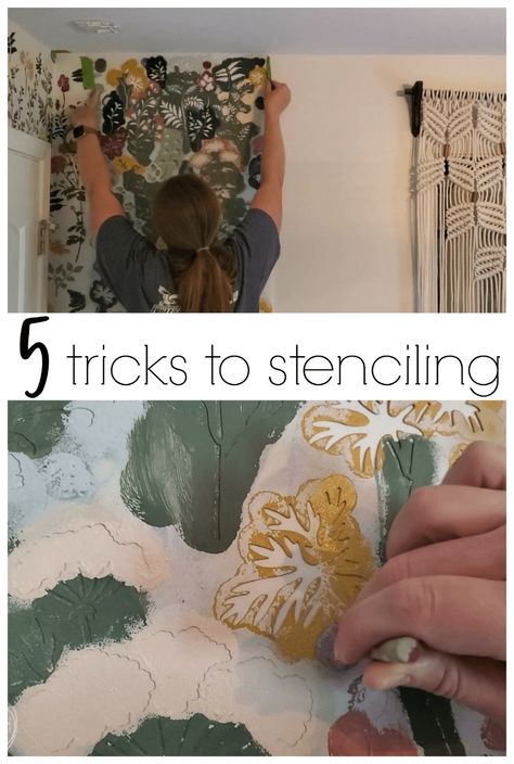 How to Stencil a Wall without Bleedthrough - Refresh Living Stencil On Textured Walls, Stenciled Powder Room, Bathroom Wall Stencil Ideas, Stenciled Walls Ideas, Paint Stencils For Walls, Diy Wall Stencil, Wall Stencil Ideas, Bathroom Murals, Stencil Wall Painting