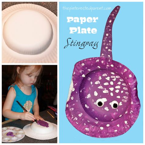 Paper Plate Stingray craft for kids. aN adorable project for summer made with paper plate & bowl Stingray Craft, Preschool Ocean, Under The Sea Crafts, Fun Summer Crafts, Paper Plate Crafts For Kids, Ocean Unit, Diy Summer Crafts, Kids Homemade, Ocean Activities