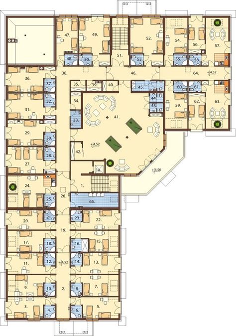 Hotel Room Blueprint, Modern Hotel Architecture Exterior, Hotel Room Design Plan Architecture, Dormitory Building Design, Orphanage Floor Plan, Building Layout Design, Motel Plan Architecture, Office Plan Ideas, Hotel Facade Design Modern