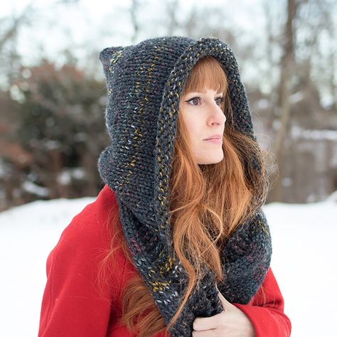 EASY Hooded Scarf Free Knitting Pattern by Gina Michele Hooded Cowl Pattern, Hooded Scarf Pattern, Crochet Hooded Scarf, Hood Pattern, Knitting Patterns Free Scarf, Knitting Patterns Free Hats, Beginner Knitting Patterns, Cowl Knitting Pattern, Free Scarf