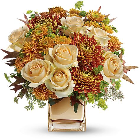 Roses, Chrysanthemums, Gypsophila, Solidago,  maybe dahlias Fall Floral Centerpieces, Autumn Romance, Thanksgiving Flowers, Fall Flower Arrangements, Fall Floral Arrangements, Square Vase, Fall Arrangements, Vase Arrangements, Fresh Flowers Arrangements