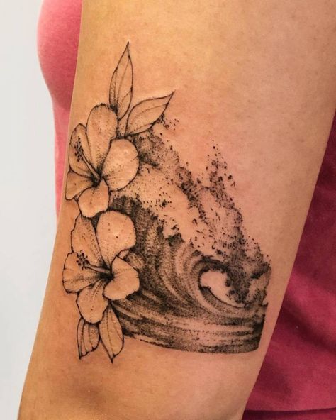 Wave Flower Tattoo, Flower Wave Tattoo, Hawaii Flower Tattoos, Tropical Flower Tattoos, Beachy Tattoos, Hawaiian Flower Tattoos, Plumeria Tattoo, Hibiscus Flower Tattoos, Flowers Tattoos