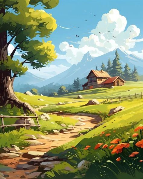 Digital Art Scenery Landscapes, Scenery Illustration, Village Painting, Bull Painting, Landscape Painting Tutorial, Oil Painting Nature, Beautiful Landscape Photography, Background Drawing, Beautiful Locations Nature